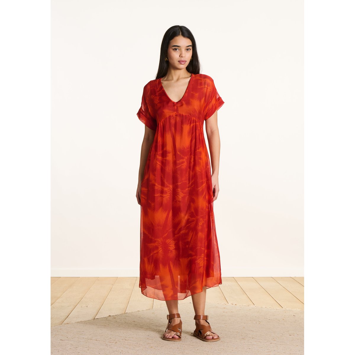 Robe longue en voile à imprimé fleuri orange, LA FEE MARABOUTEE