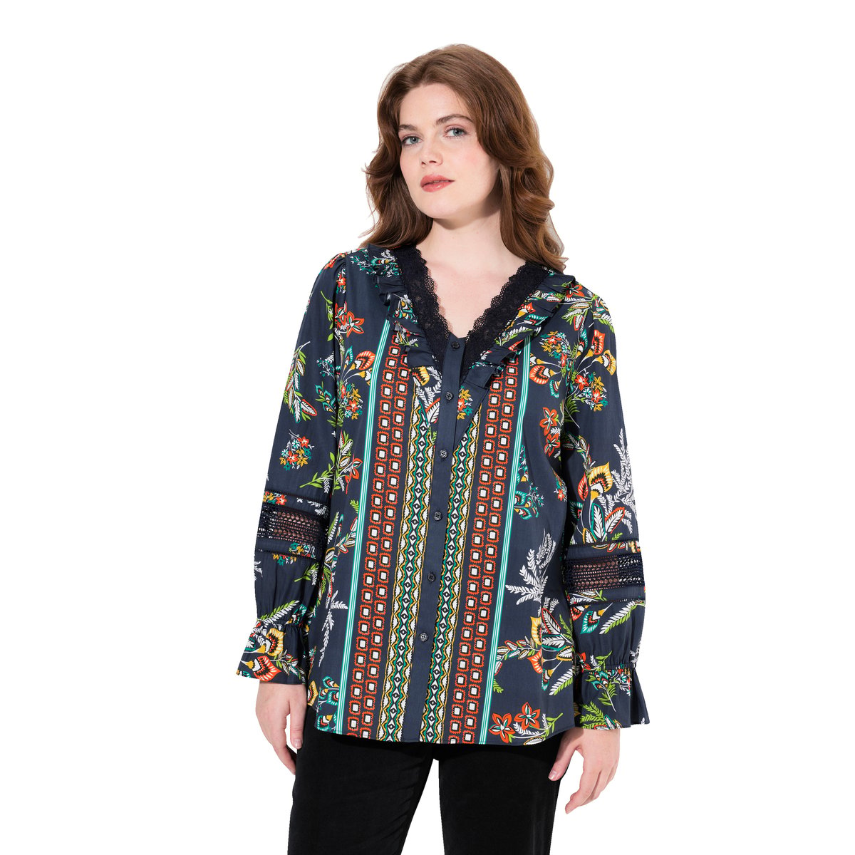 Blouse à col en V et manches longues marine, ULLA POPKEN
