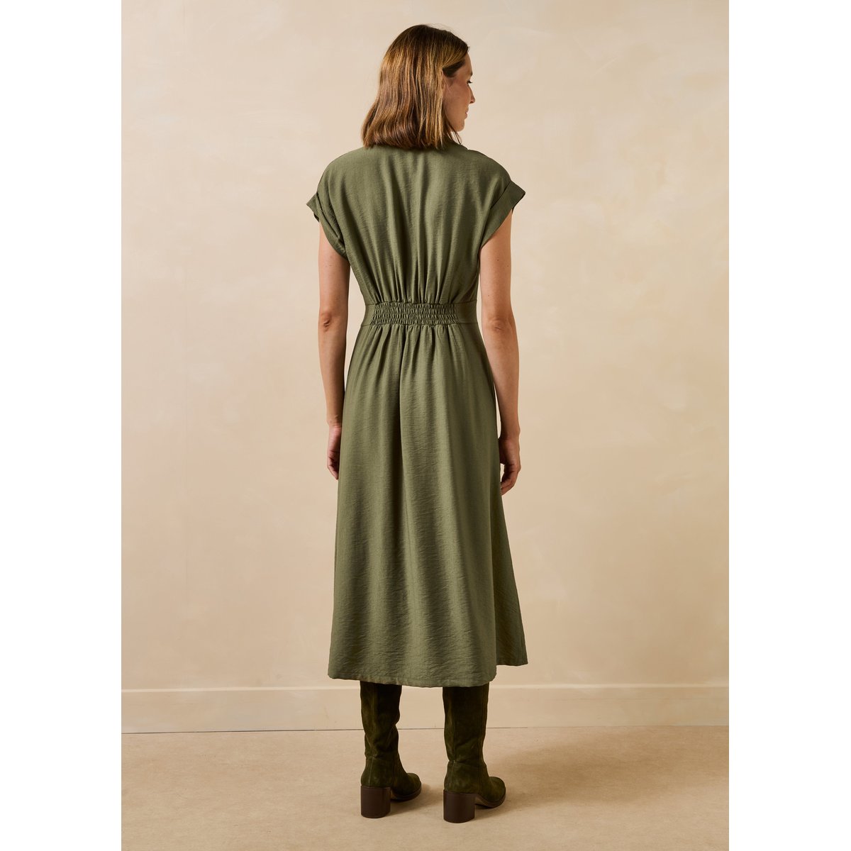 Robe longue cintrée à cache-cœur kaki, LA FEE MARABOUTEE
