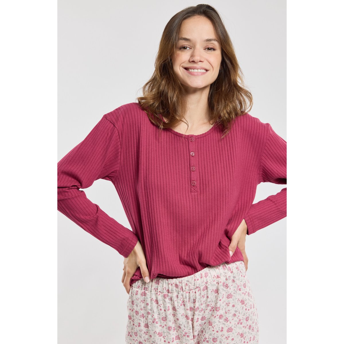 Pyjama fleuri en coton pivoine/nature/sari, ARMOR-LUX