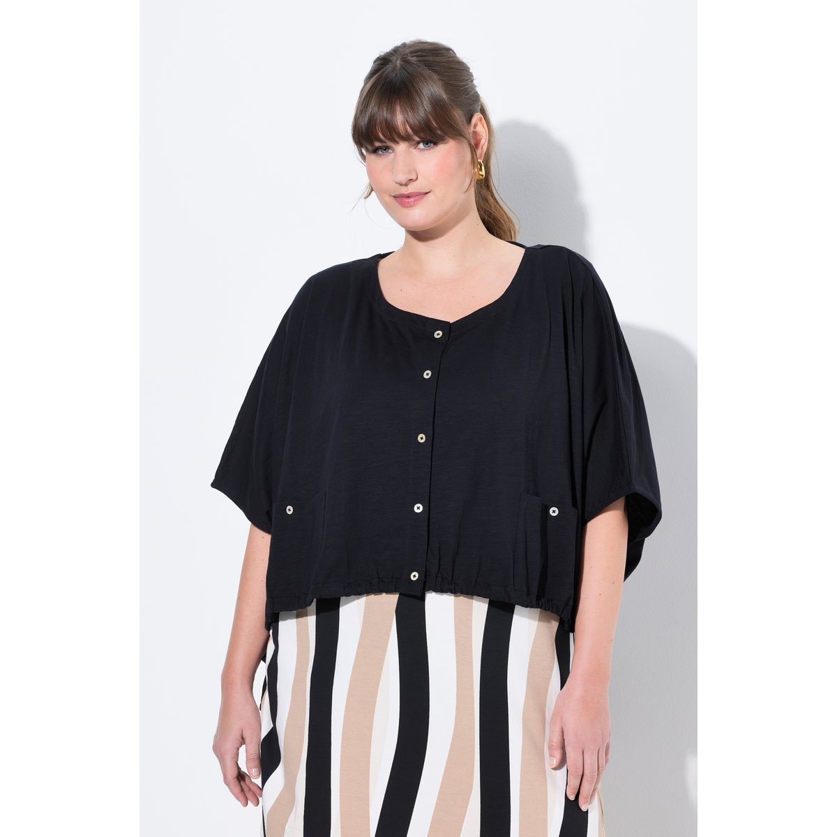 T-shirt, bande d'ourlet, col rond noir, ULLA POPKEN