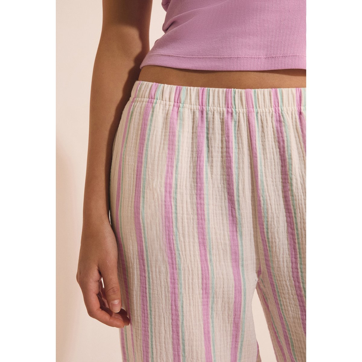 Pantalon de pyjama 7/8 à rayures en gaze de coton ALMIA rose, ETAM