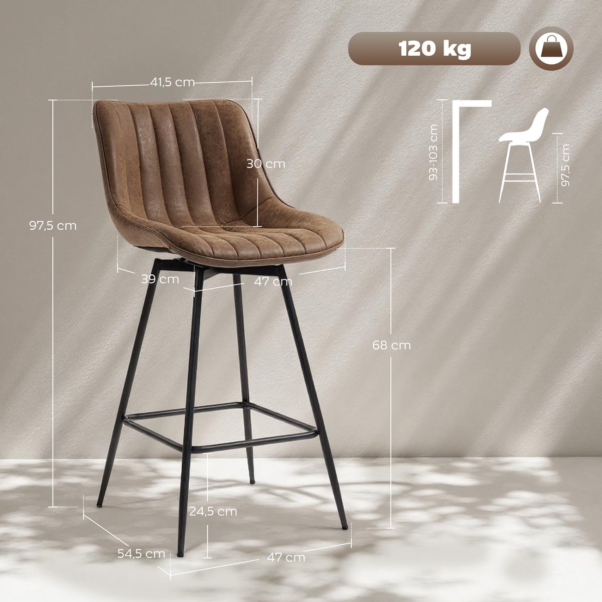 Tabouret de bar PU Marron marron vintage, HOMCOM