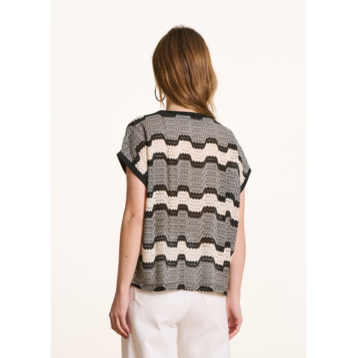 T-shirt en crochet manches courtes ecru/noir, LA FEE MARABOUTEE