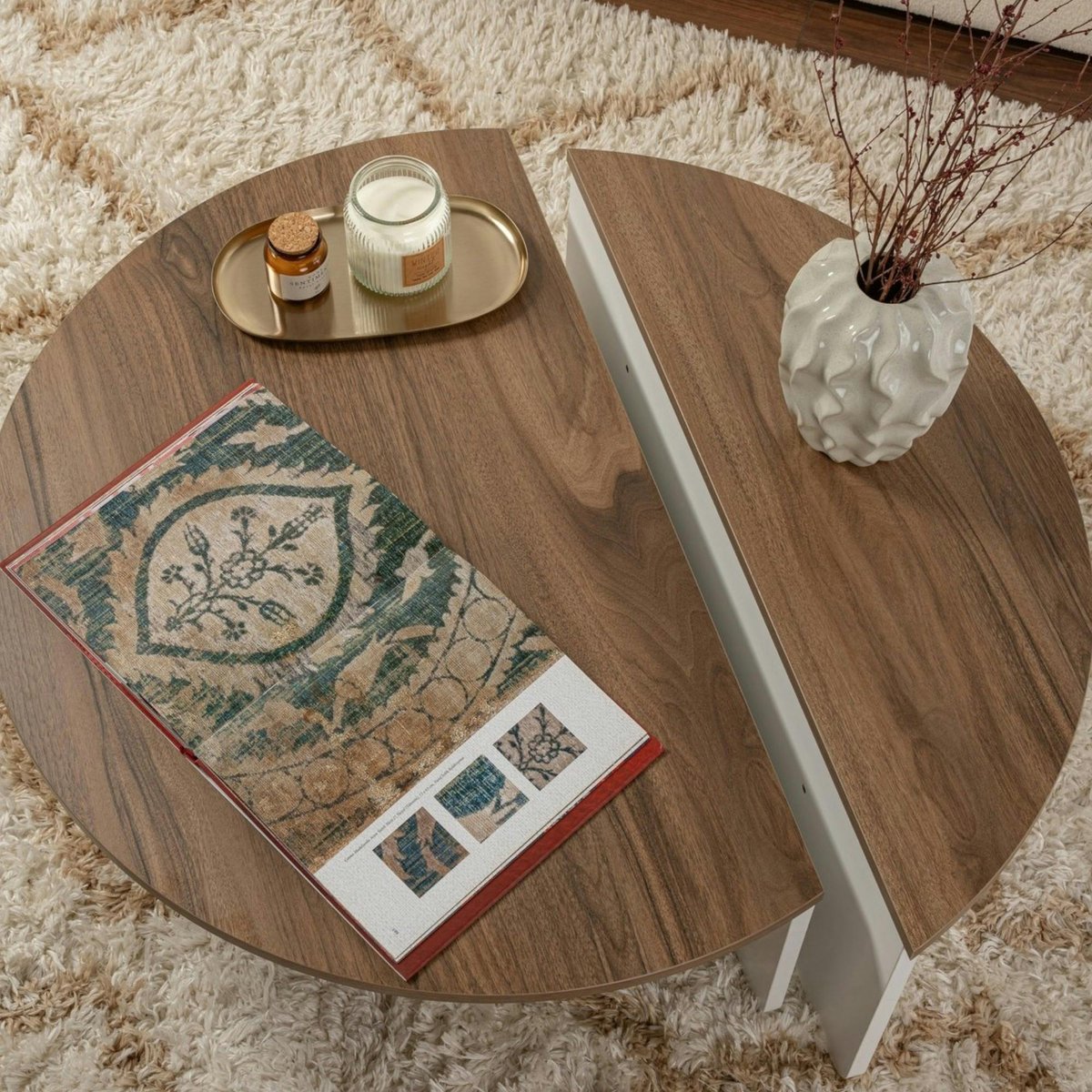 Table basse ronde modulable 2 hauteurs MARFA noyer / blanc, PIER IMPORT