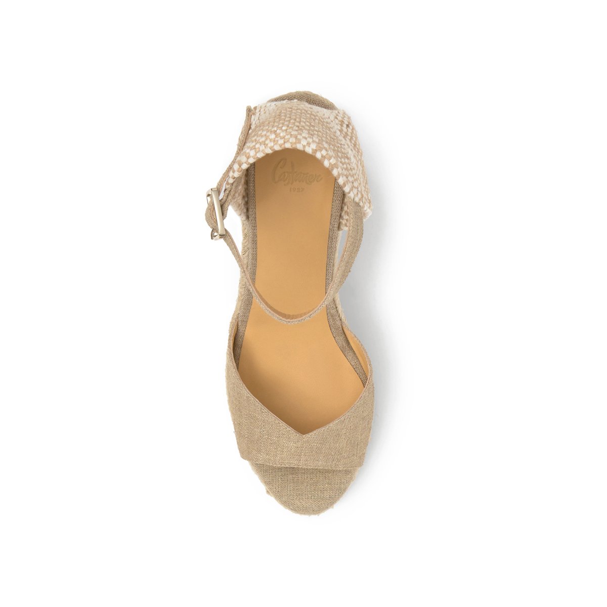 Sandales compensées en lin métallisé et jute tressée à bride cheville BLAUDI PLATFORM taupe, CASTANER