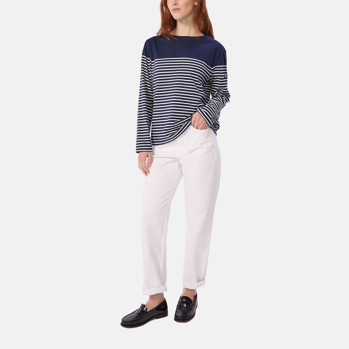 T-shirt alla marinara in cotone marine/bianco, PETIT BATEAU
