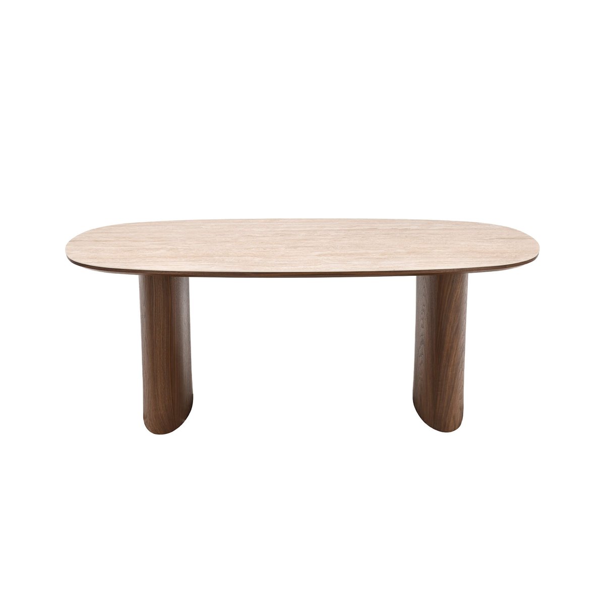Table de séjour avec plateau en céramique LODEN effet travertin et noyer, SORELH