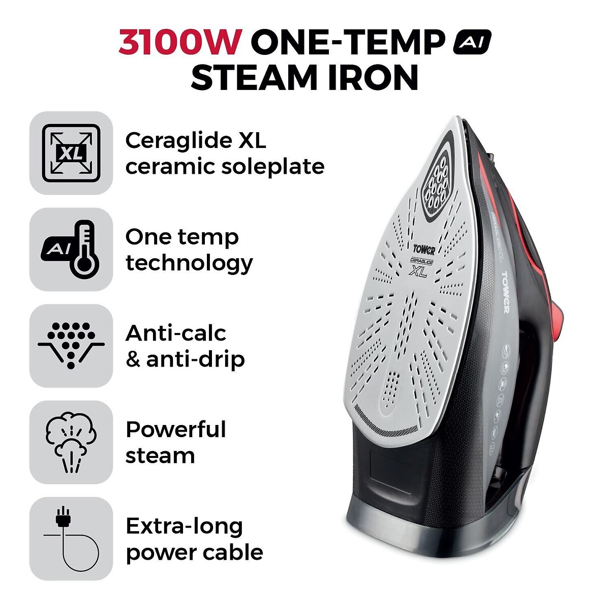 3100W Ceraglide One Temp Steam Iron - T22034 red, TOWER