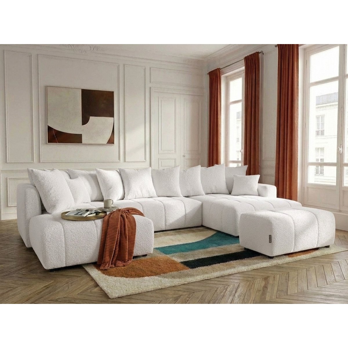 Canapé panoramique convertible 6 places en tissu bouclette avec pouf, ROXELANE blanc, BOBOCHIC
