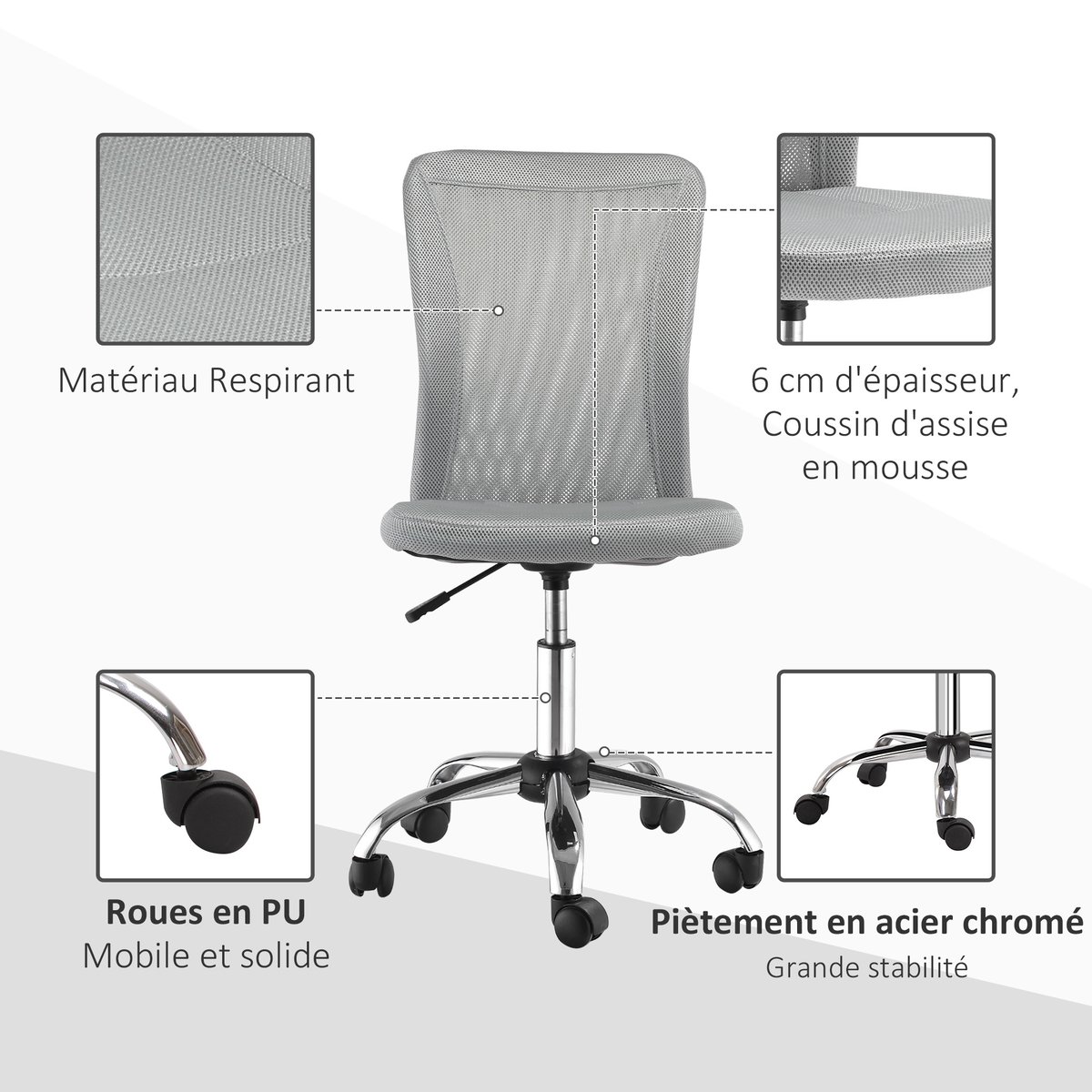 chaise de bureau Polyester Gris gris, HOMCOM