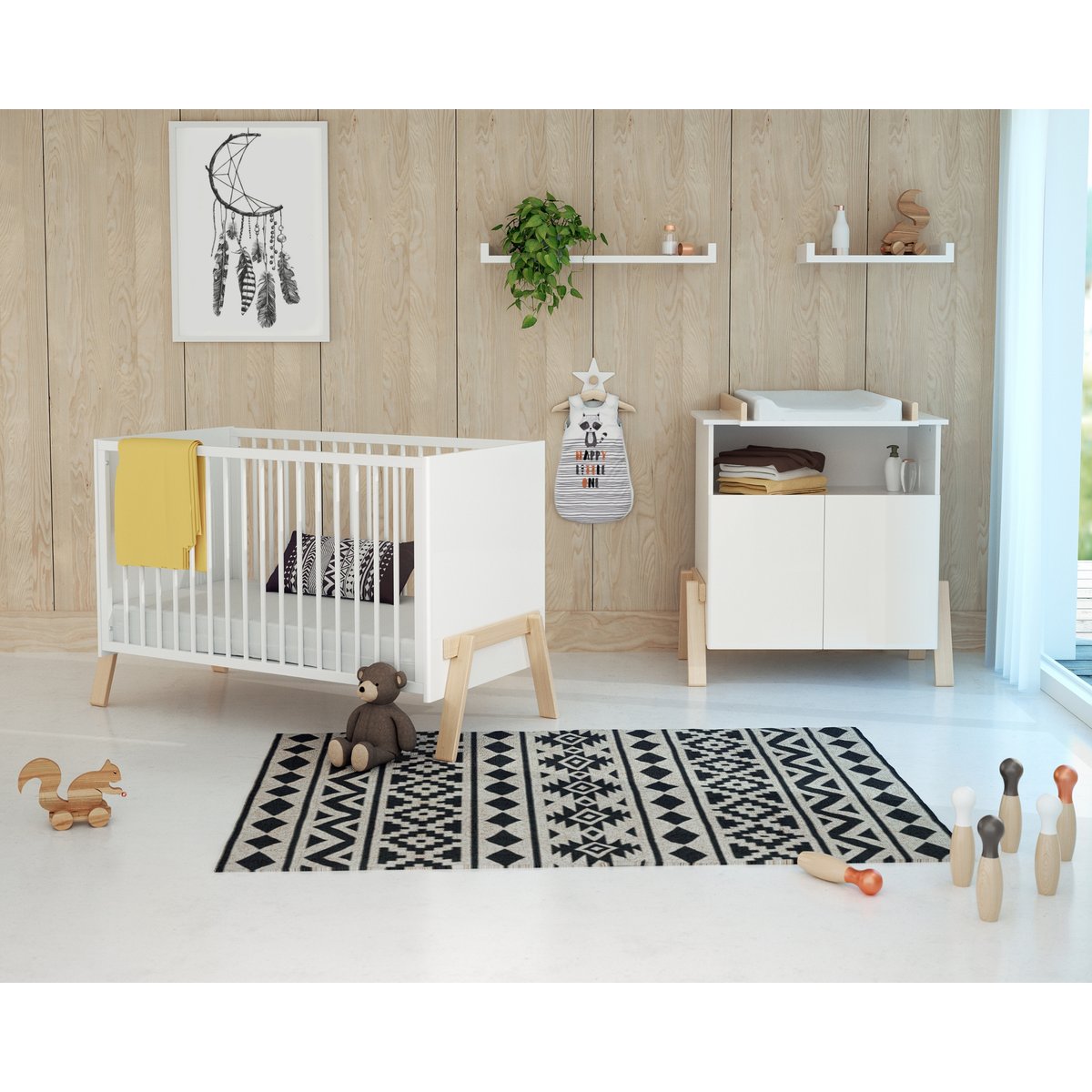 Lit bébé en bois CANAILLE blanc et hêtre, AT4