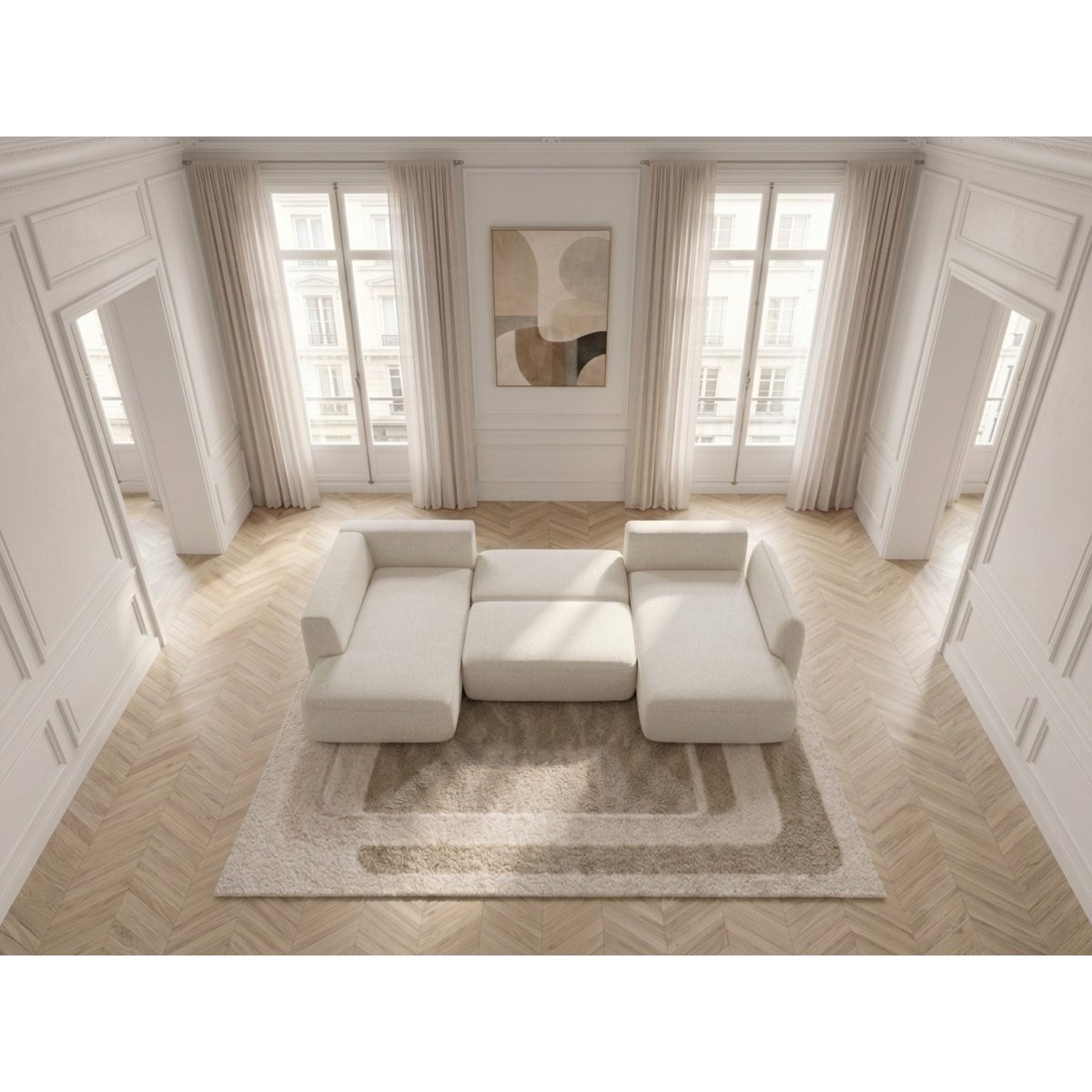 Canapé d'angle convertible 5 places en tissu chenille, ESMEE blanc, BOBOCHIC