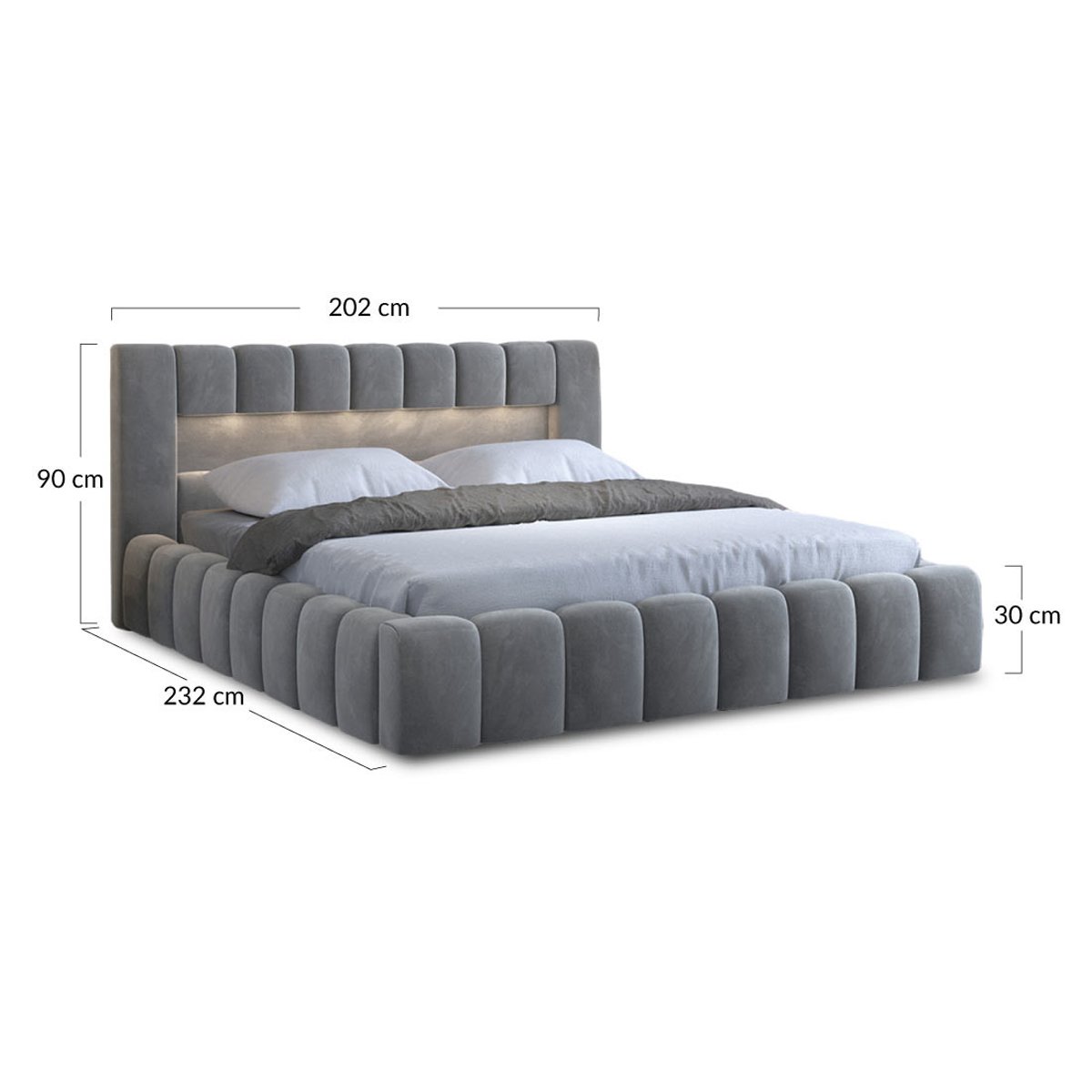 Lit coffre avec led sommier inclus en velours, CLEO gris clair, BEST MOBILIER