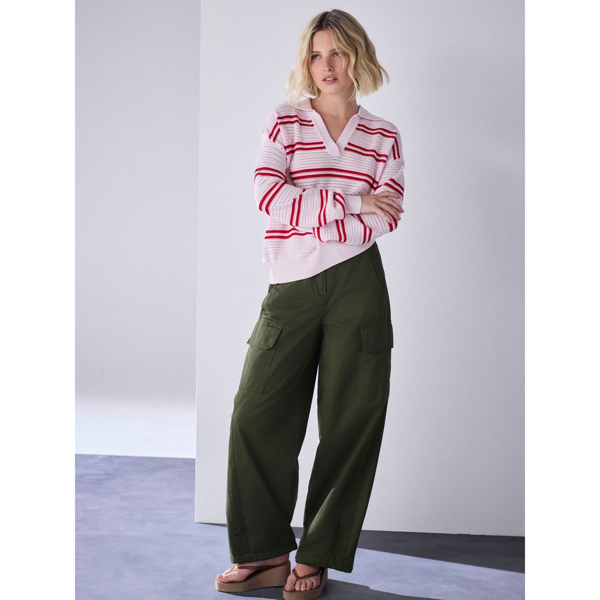 Pull style polo à manches longues rose/rouge rayé, NEXT