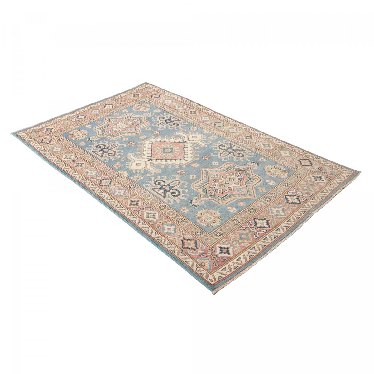 Tapis salon géométrique, laine naturelle, noué à la main, KAZAK CO 60 bleu, beige, rose, UN AMOUR DE TAPIS