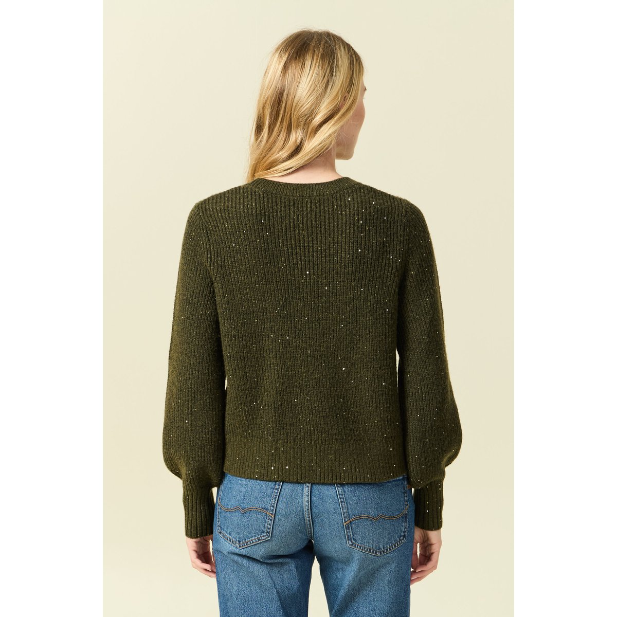 Pull manches longues col rond à sequins vert kaki, BONOBO