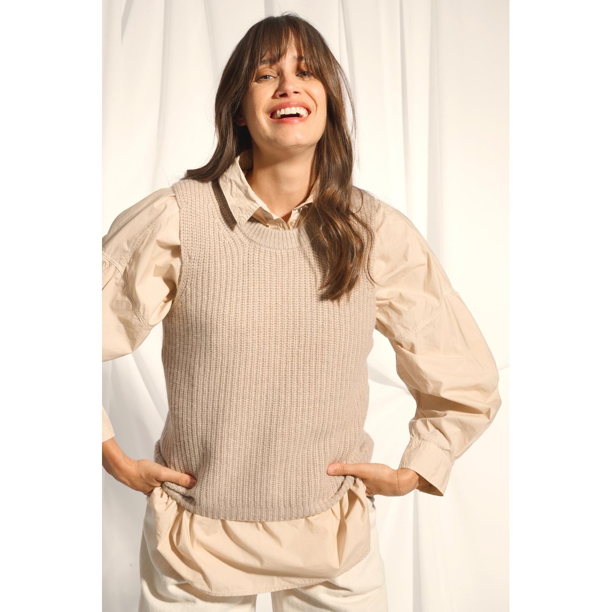 Débardeur Col Rond 6 Fils Camel Clair Chiné Dampa marron clair chiné, JUST CASHMERE