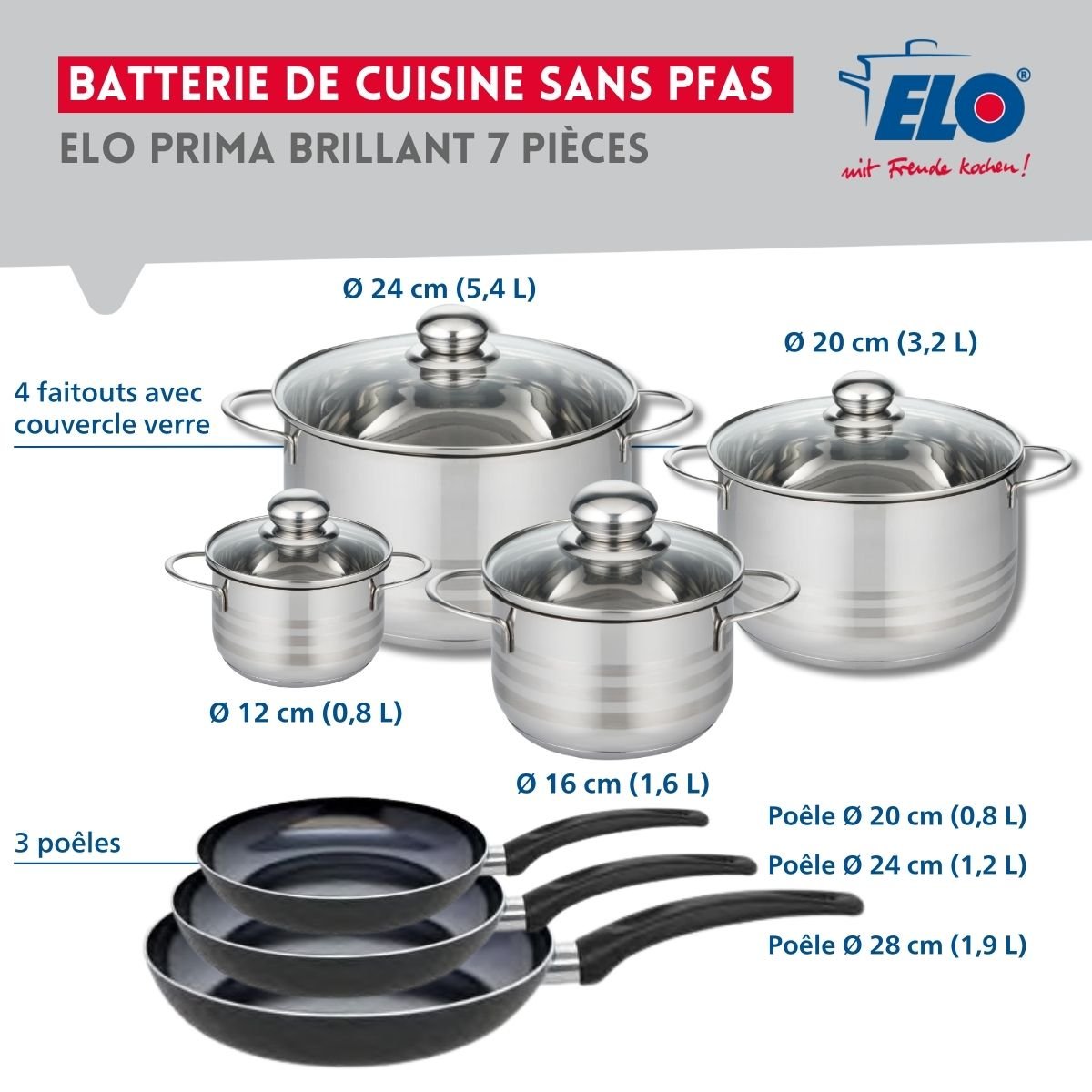 3 poêles 20/24/28cm + 4 faitouts 12/16/20/24cm PRIMA BRILLANT noir, ELO