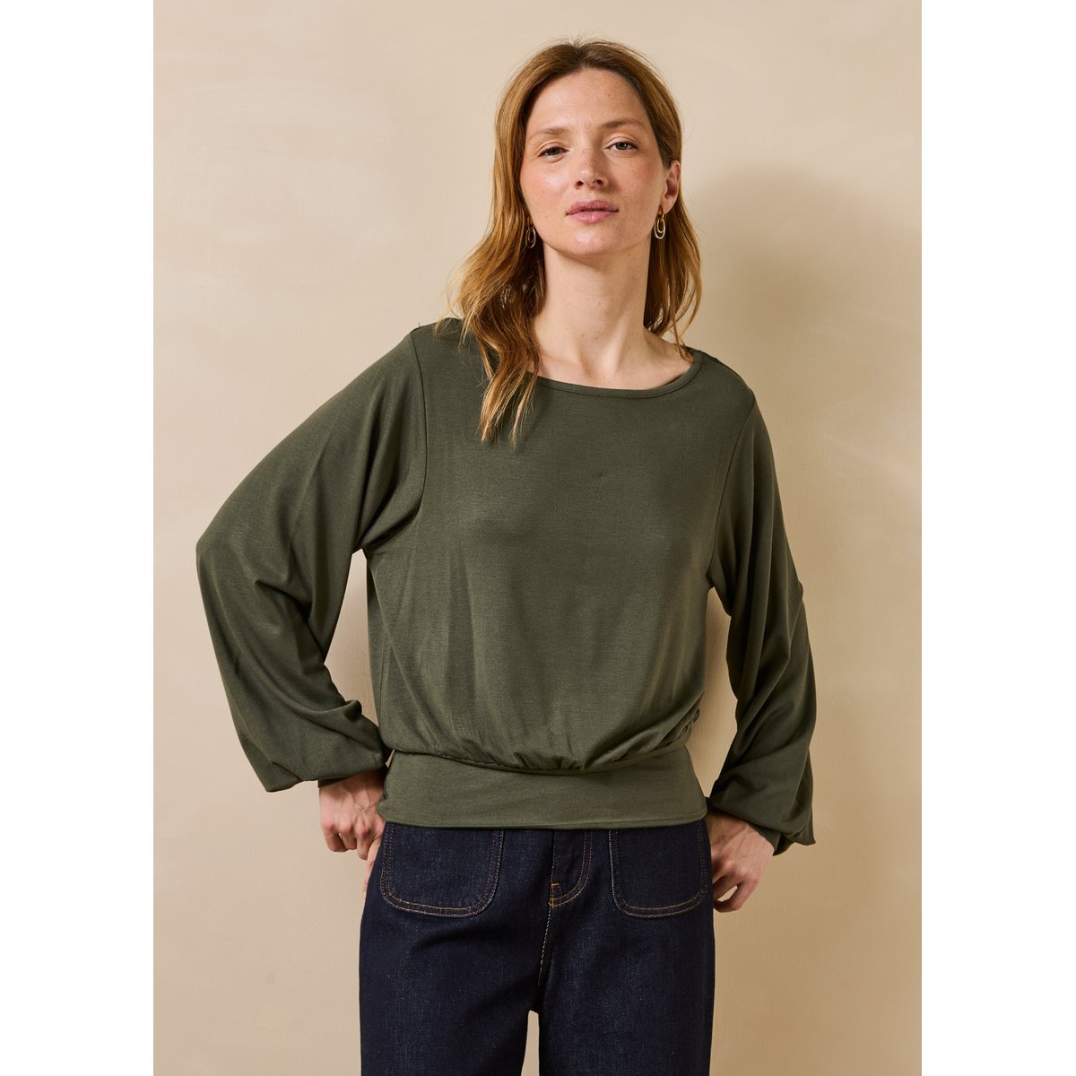 T-shirt manches longues oversize fluide en modal kaki, LA FEE MARABOUTEE