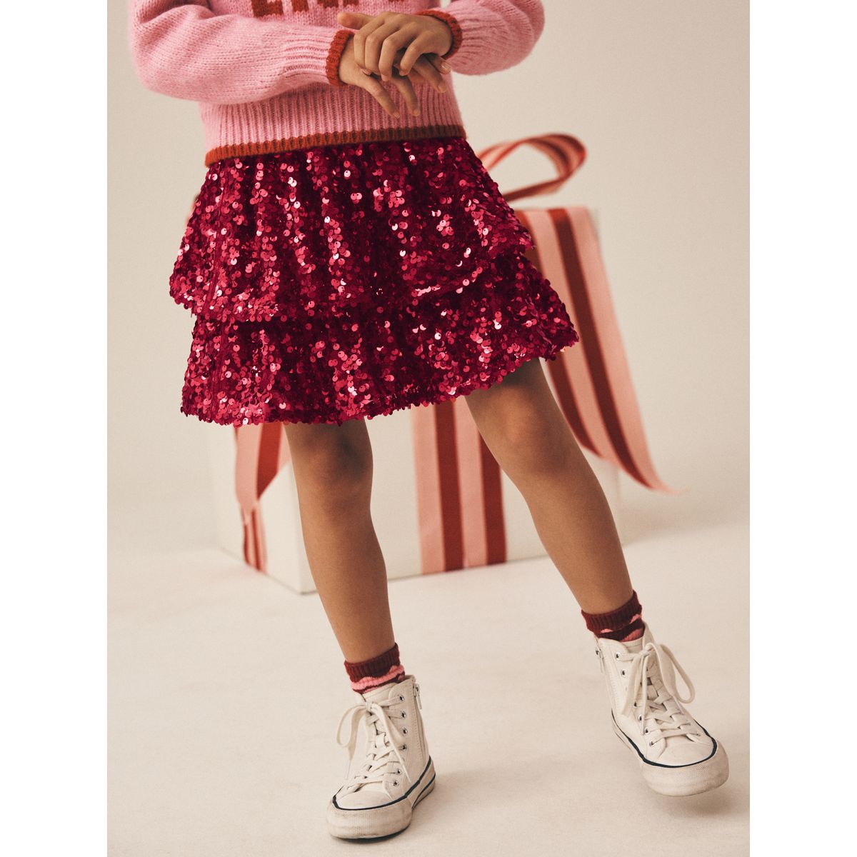 Jupe à sequins et froufrous effet superposé rouge, NEXT