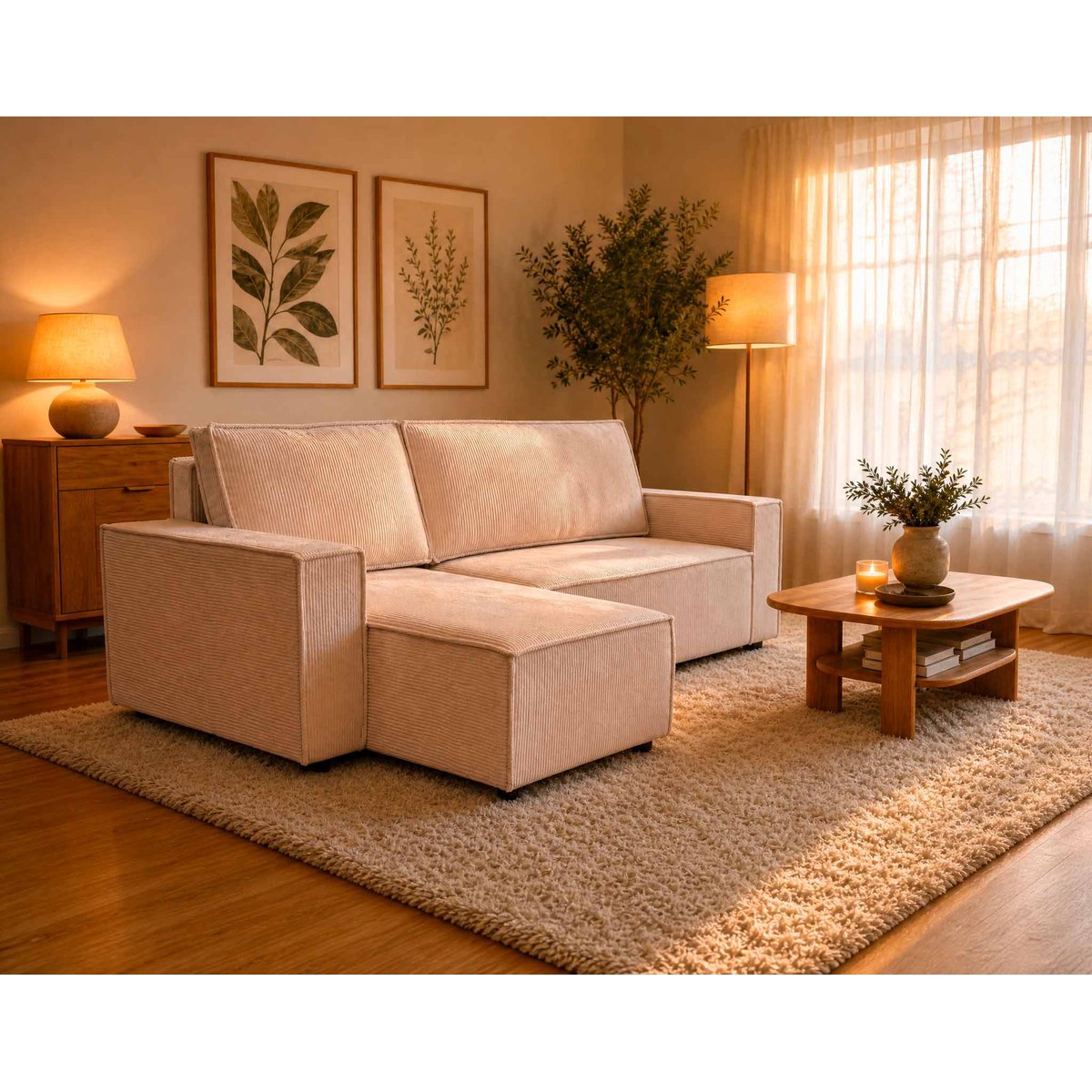 Canapé d'angle convertible velours côtelé, HECTOR beige, BEST MOBILIER