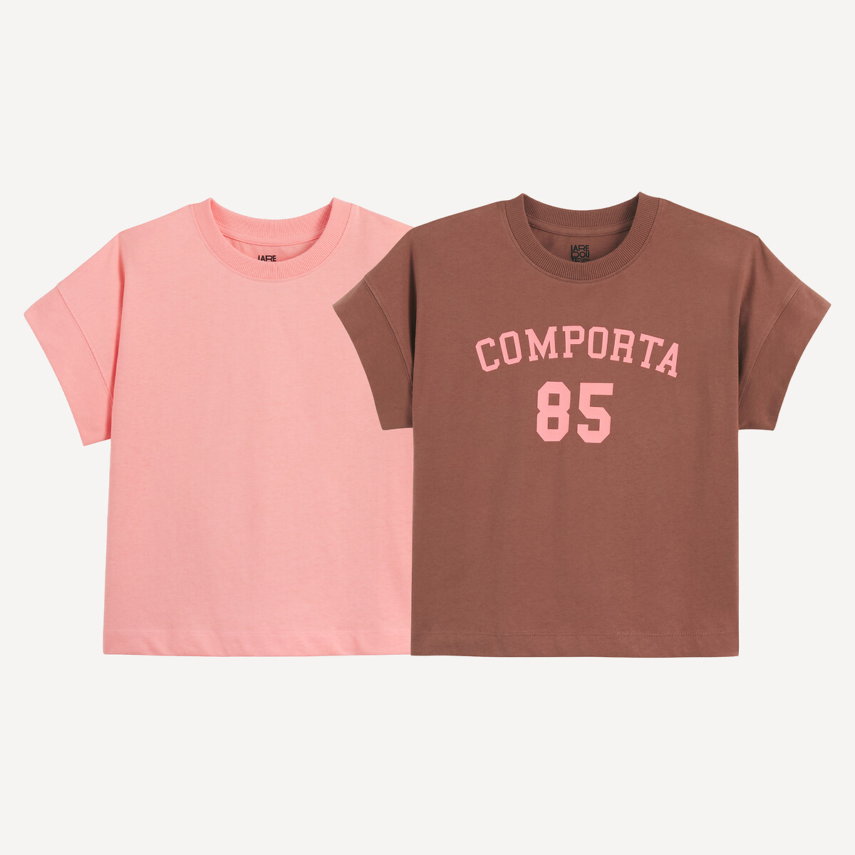 Lot de 2 T-shirts col rond, à manches courtes marron + corail, LA REDOUTE COLLECTIONS