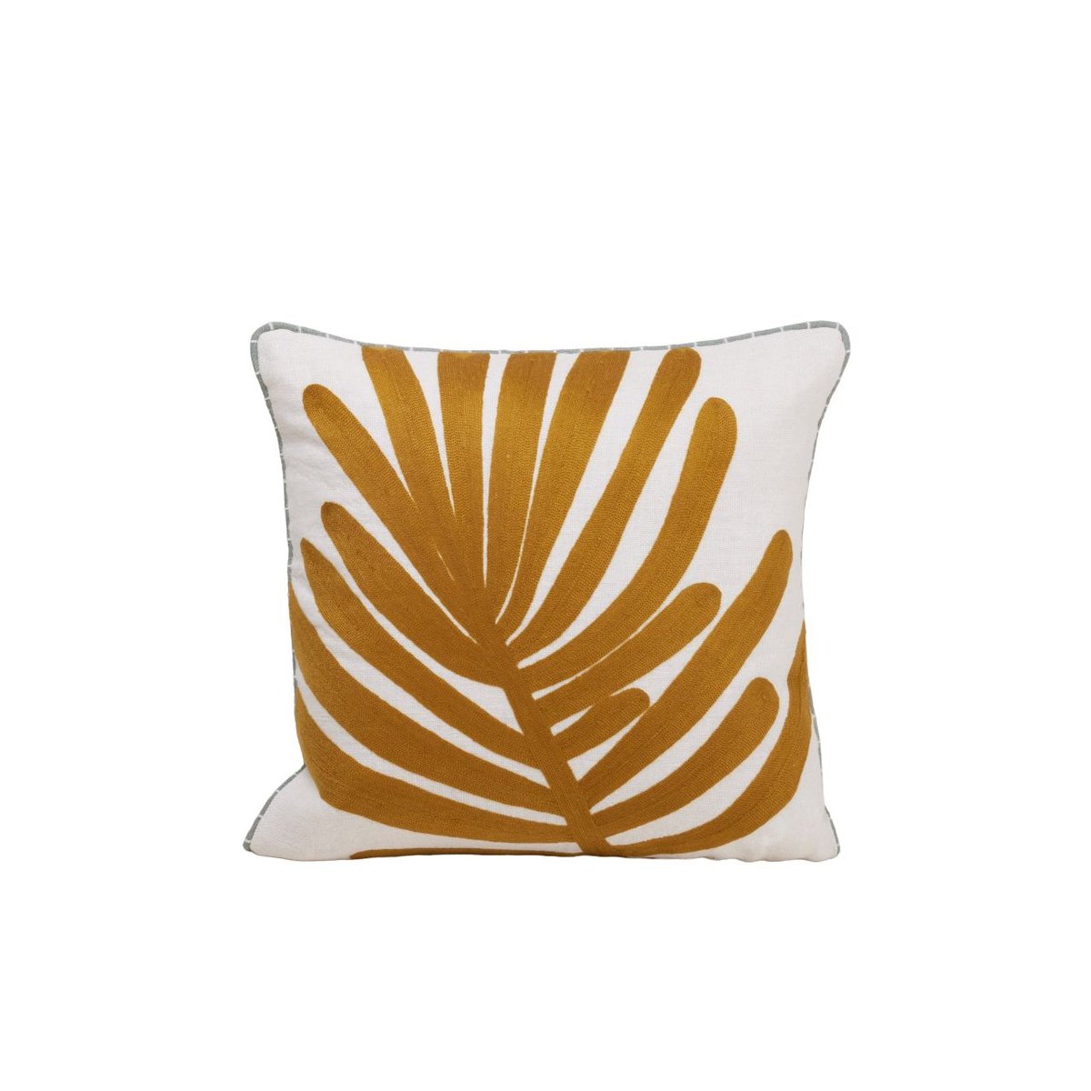 Housse De Coussin en Feuille de palmier brodée TROPI ecru et moutarde, MADURA