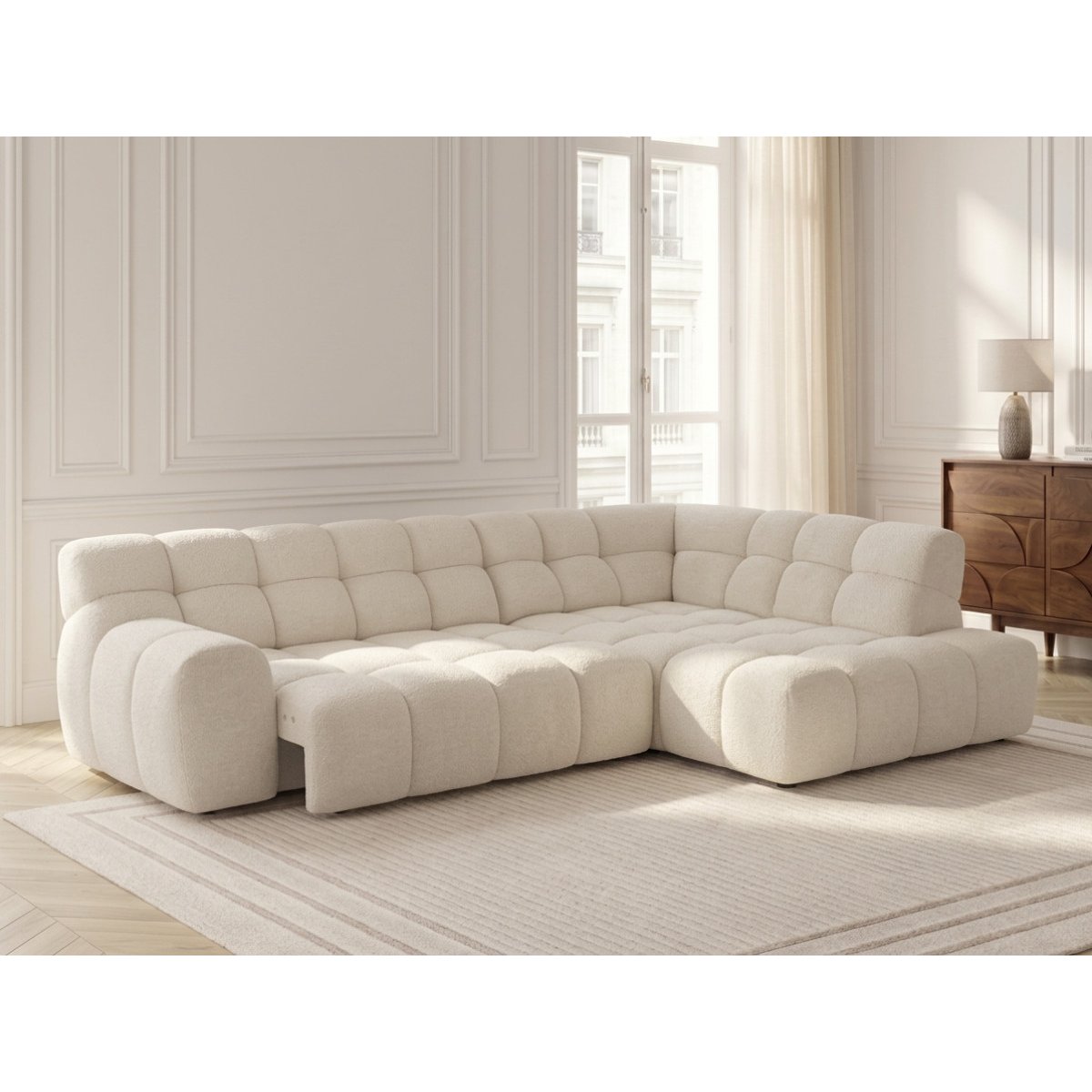 Canapé d'angle convertible 4 places en tissu chenille, ANDRE blanc, BOBOCHIC