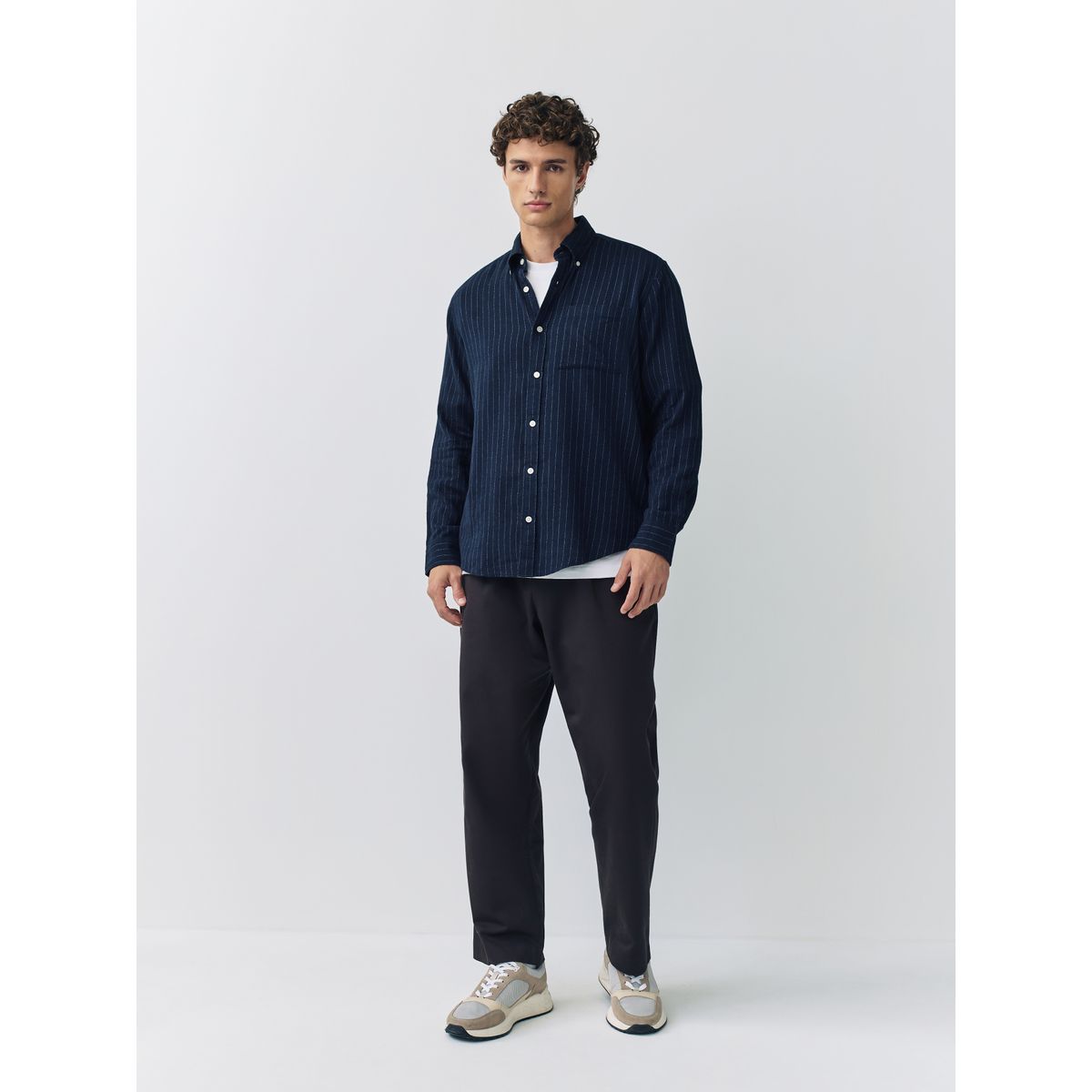 Chemise oxford manches longues rayée brossée bleu marine, NEXT