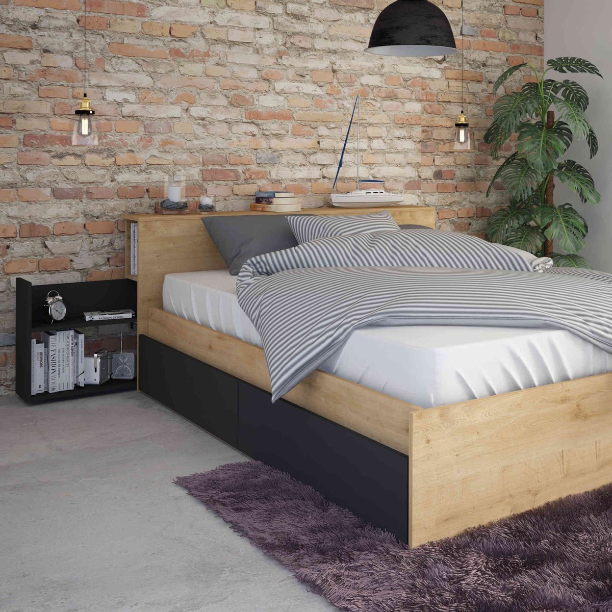 Lit tiroir en bois avec niches de rangement bois naturel, TERRE DE NUIT