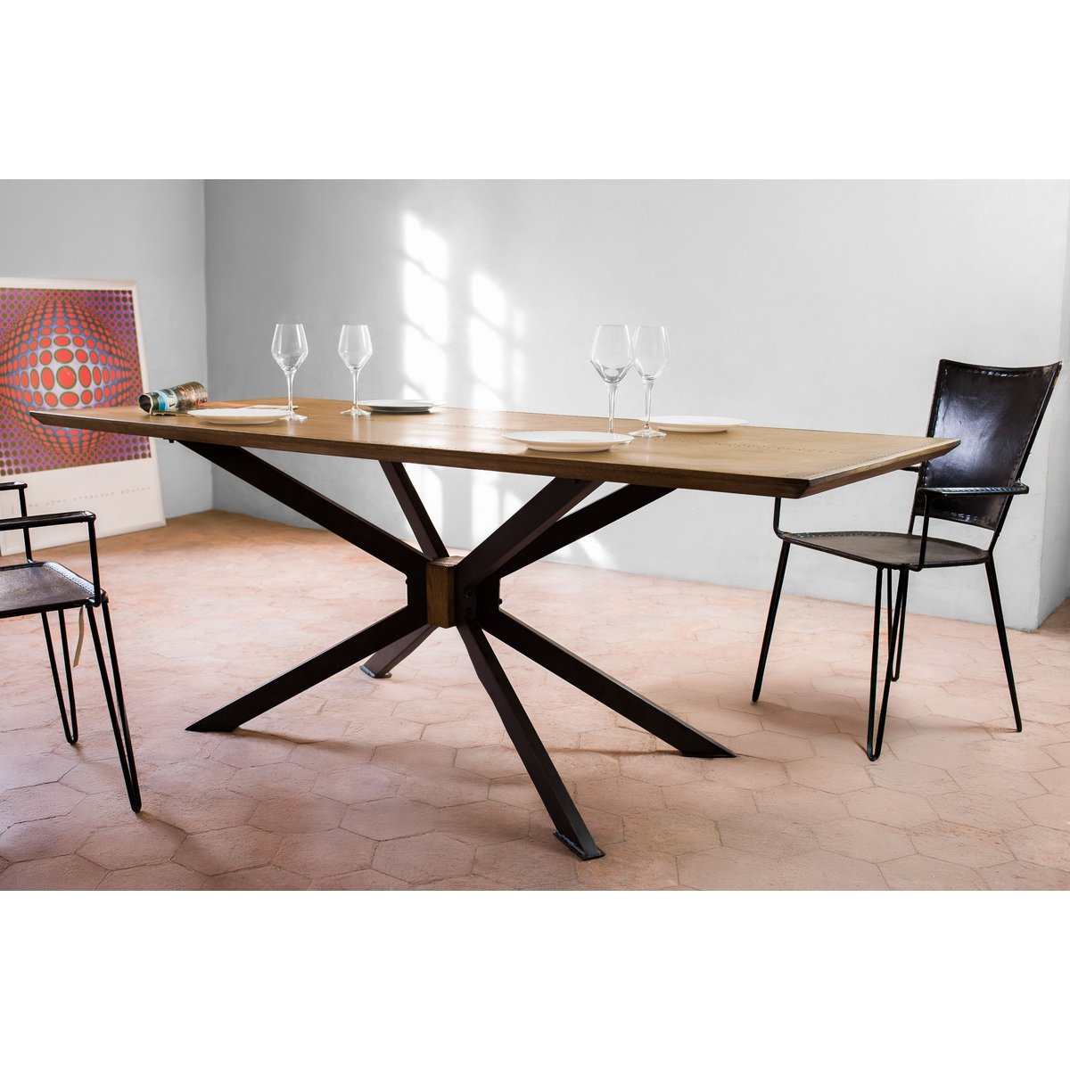Table de repas en laiton et chêne LIVERPOOL marron clair, PRODUIT INTERIEUR BRUT