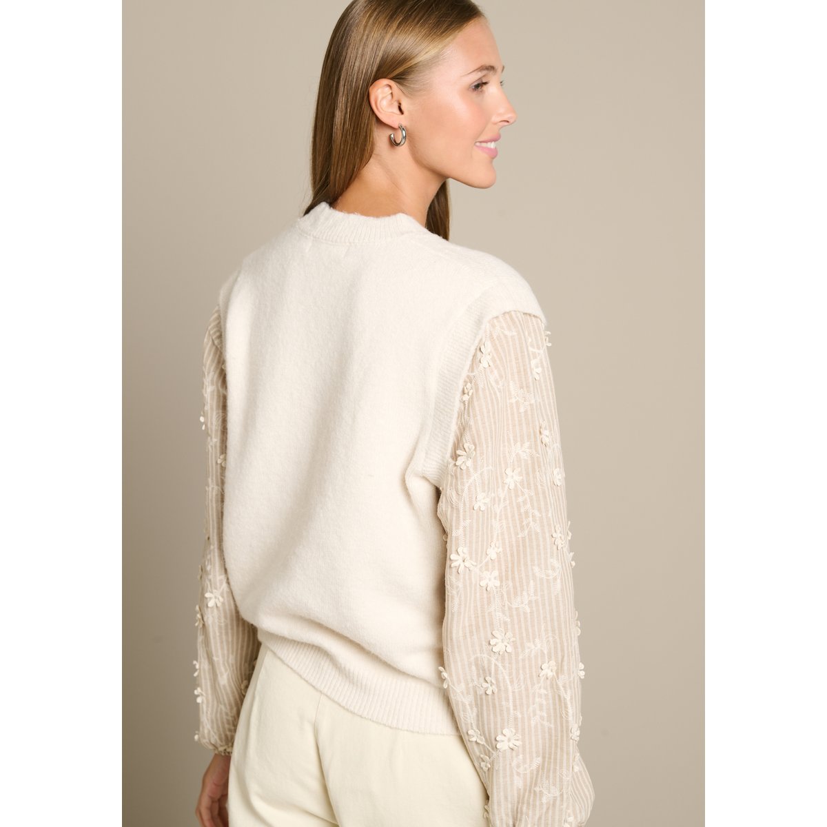 Pull à manches brodées lt beige, LOLALIZA