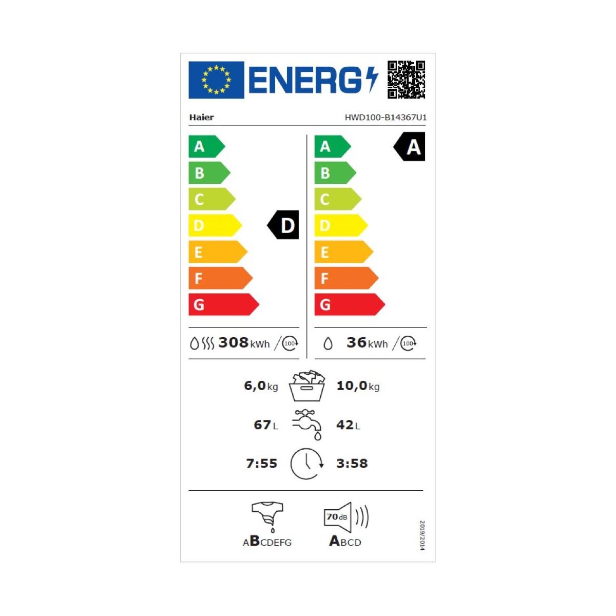 Lave linge séchant hublot HWD100-B14367UFR - 10/6 kg - 1400 tr/min - Classe D - Moteur Direct Motion - Connecté couleur unique, HAIER