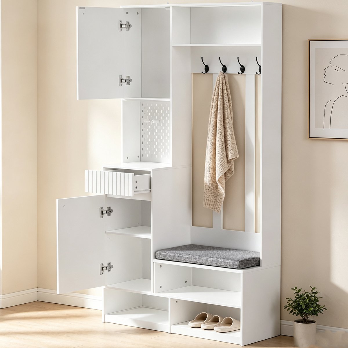 Vestiaire d'entrée avec banc et rangement, PORTER-B blanc, MEUBLES COSY