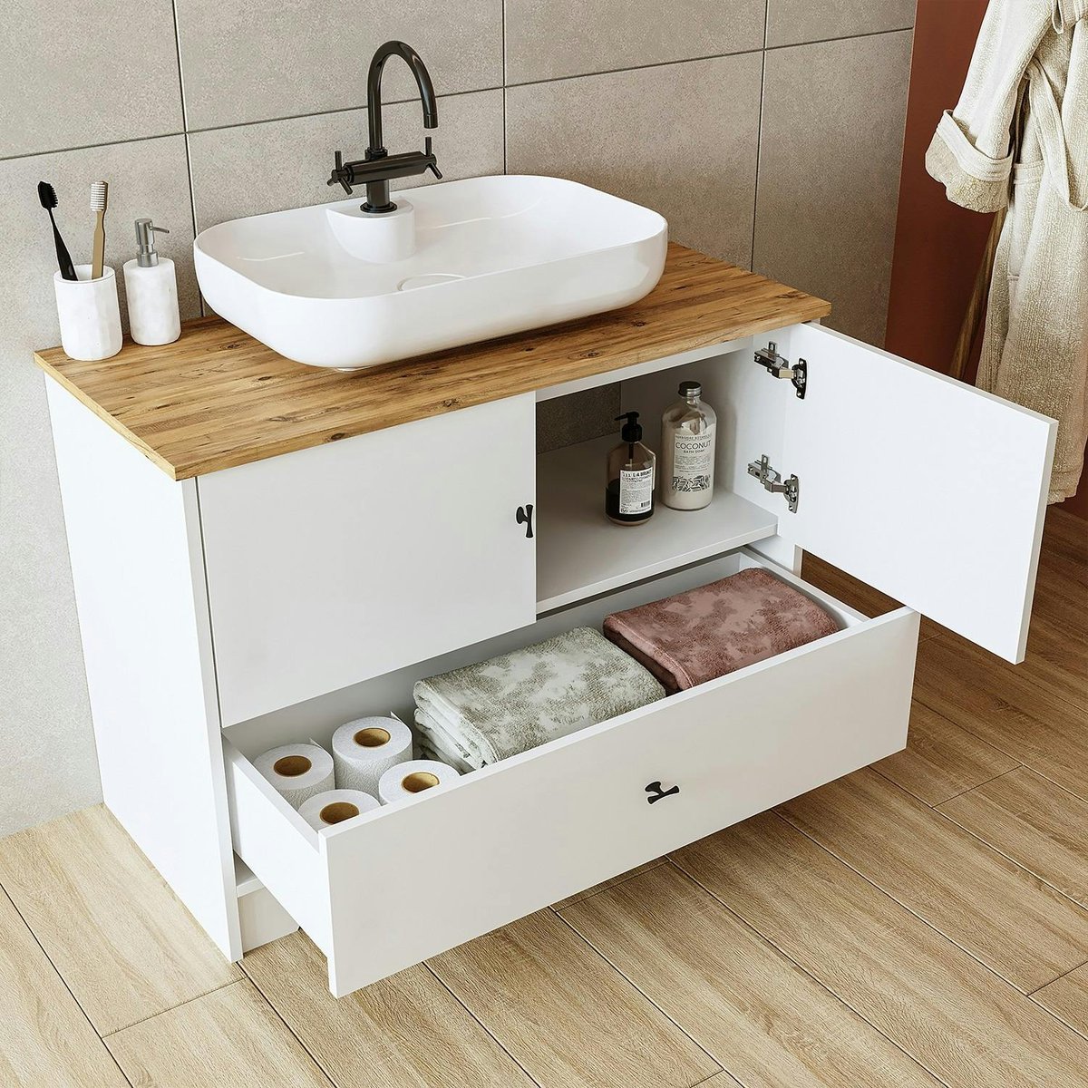 Meuble vasque salle de bains 99 cm blanc 2 portes 1 tiroir DOUNA blanc, PIER IMPORT