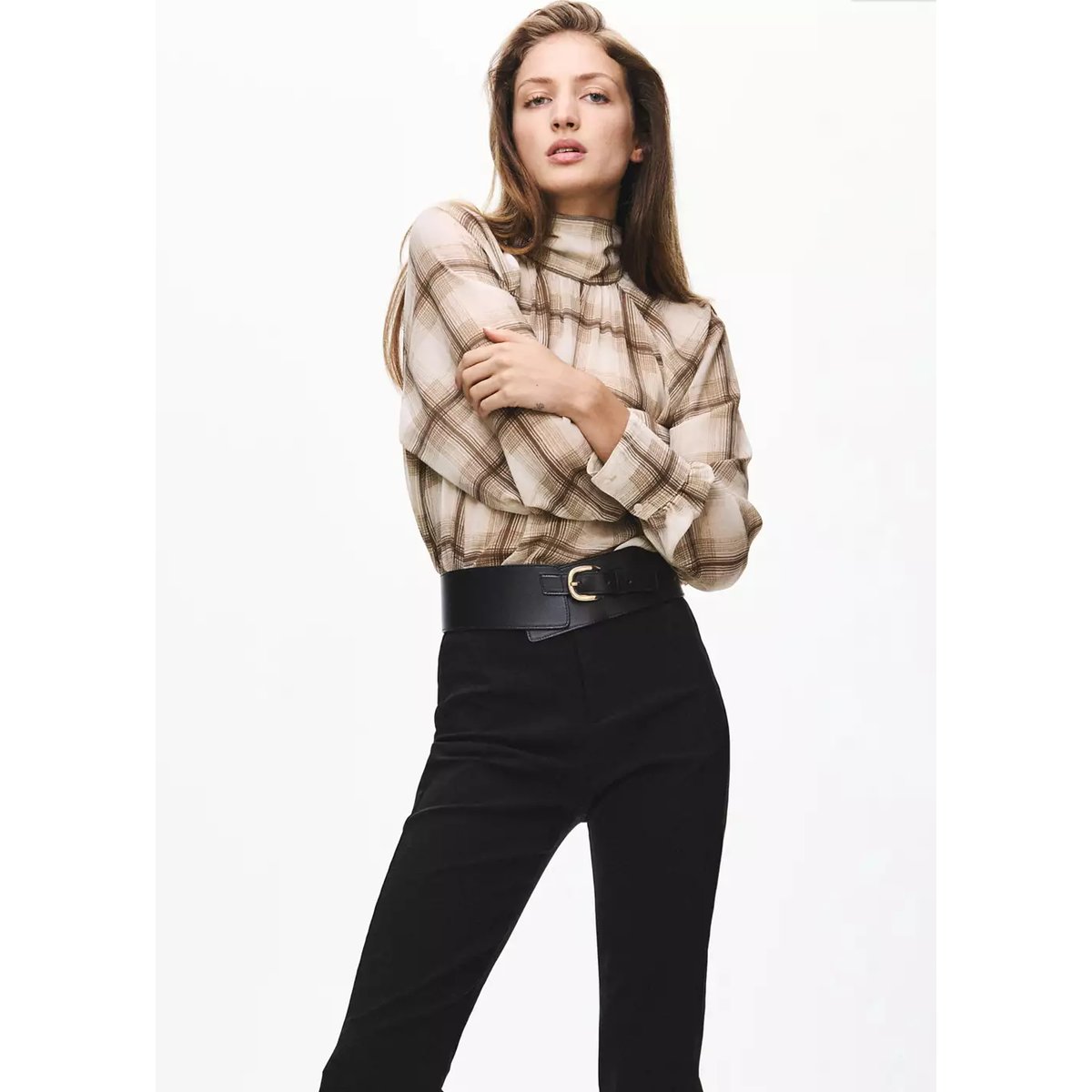 Blouse imprimée carreaux marron, MANGO