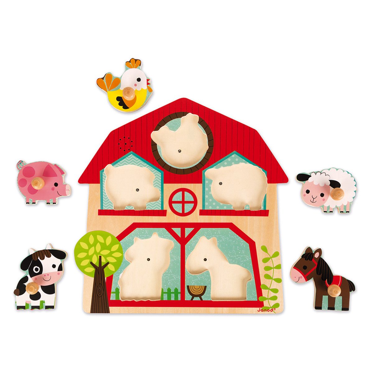 Puzzle Musical Copains Ferme 5 Pièces rouge, JANOD