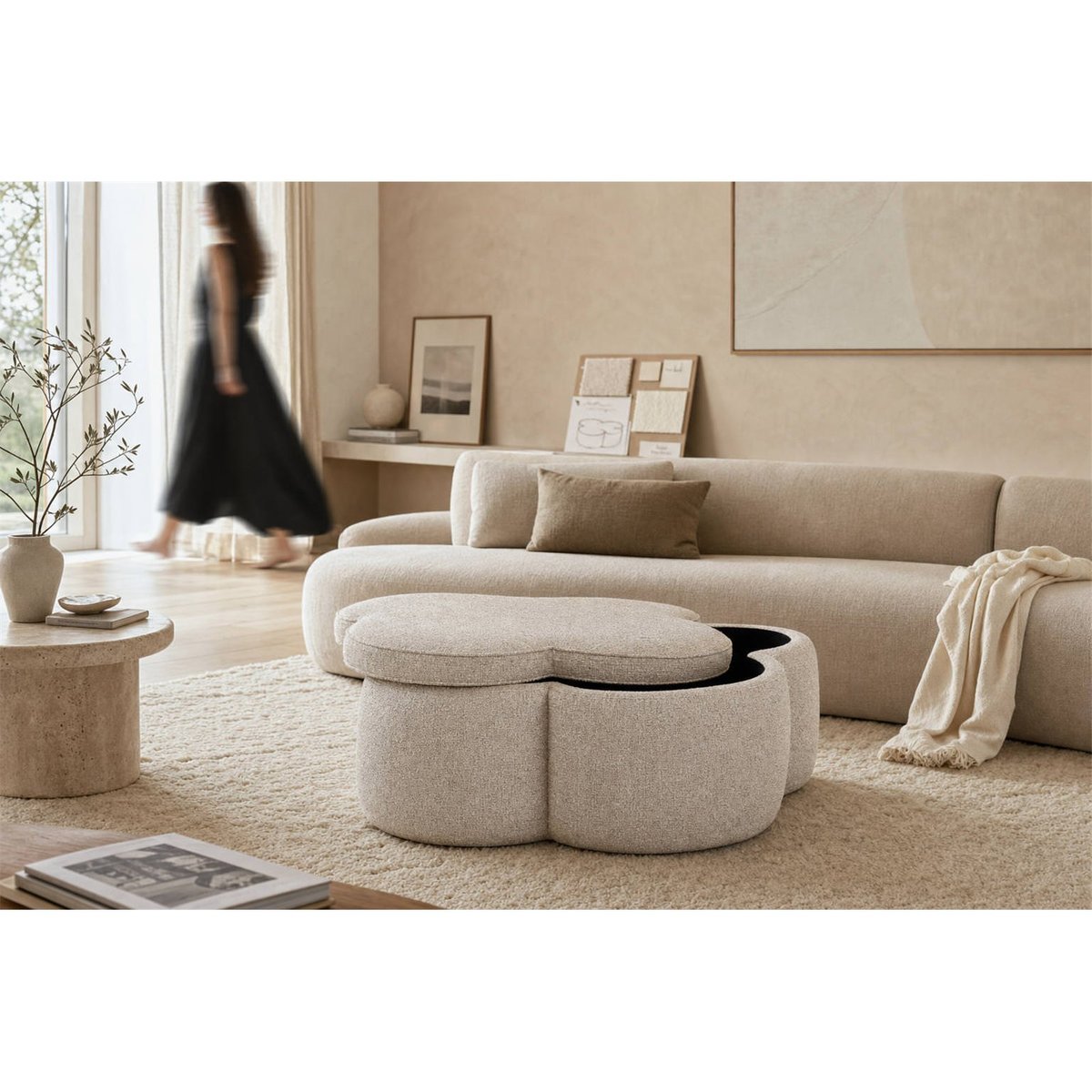 Pouf coffre en tweed sable tweed, RECOLLECTION