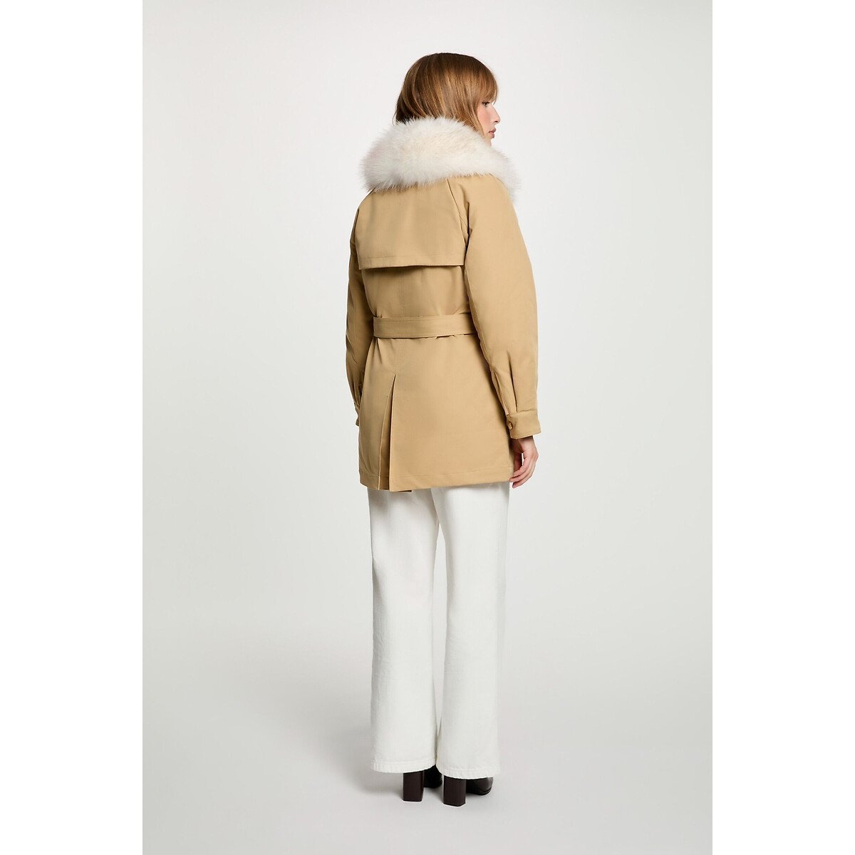 Parka lisa com bolsos de chapa bege, MORGAN