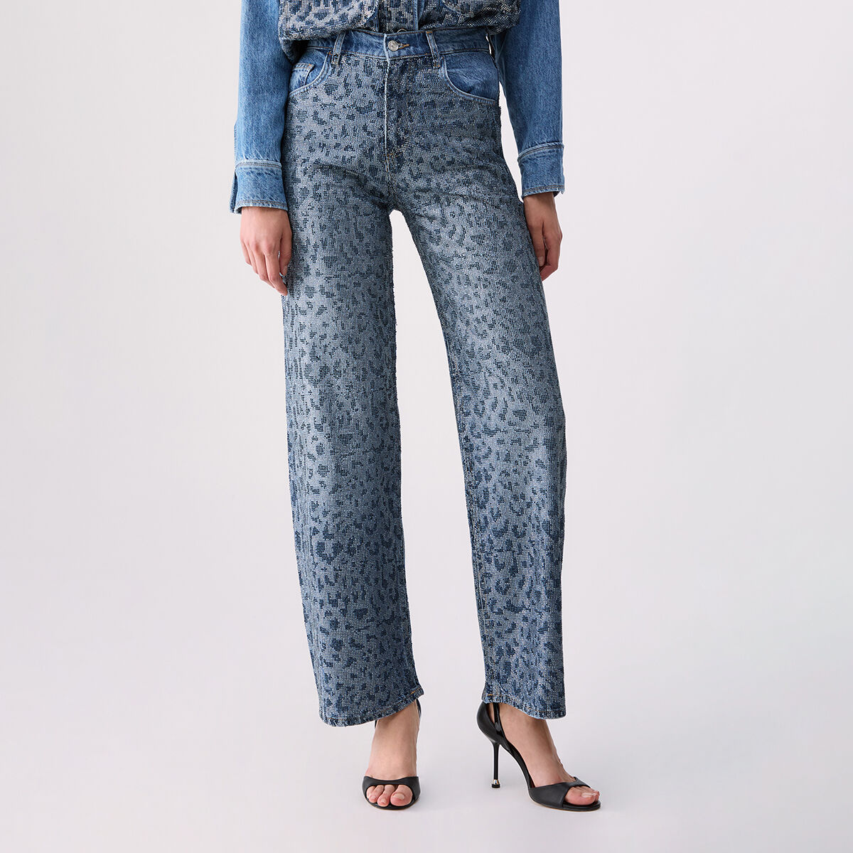 Jean droit avec strass animalier denim bleu, LIU JO