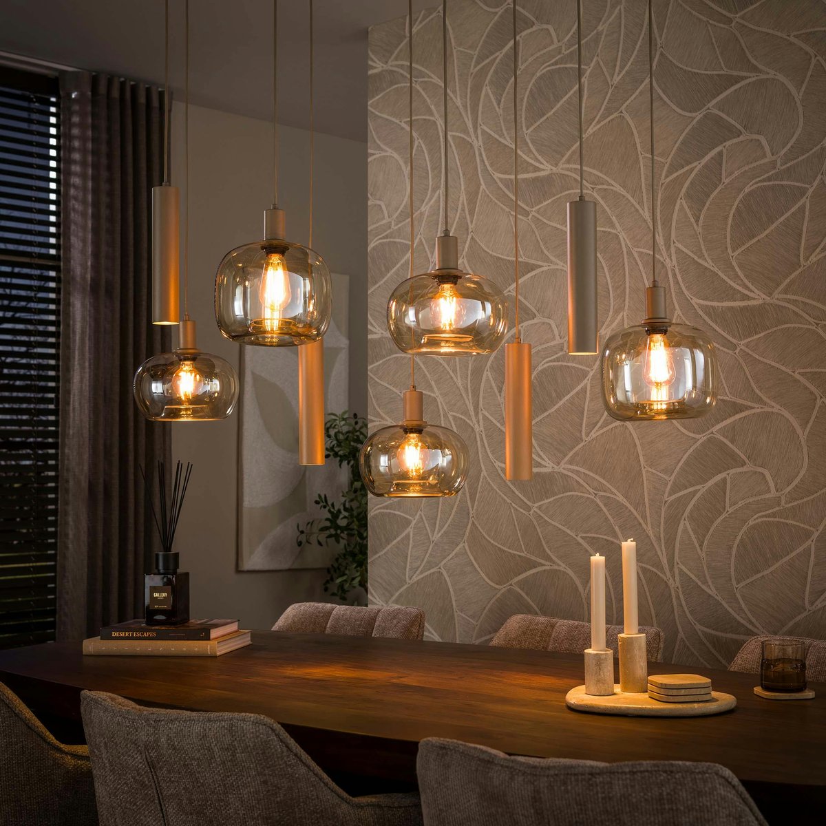 Suspension moderne 9 lampes verre ambré métal beige NIAGARA beige, PIER IMPORT