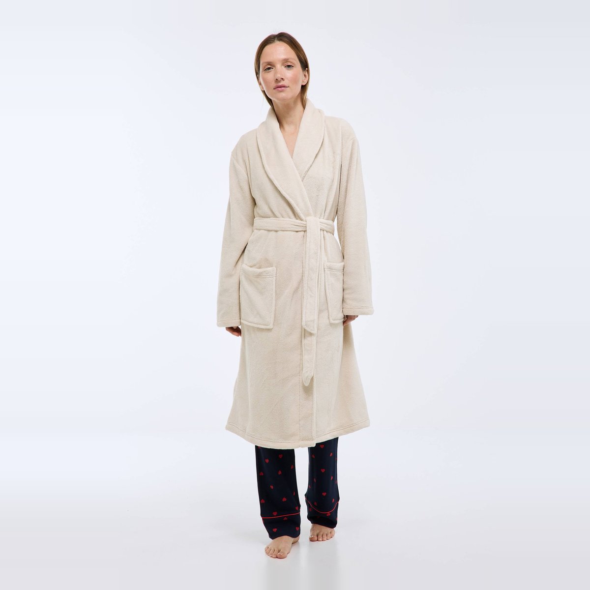 Peignoir long uni en polaire marine, MONOPRIX
