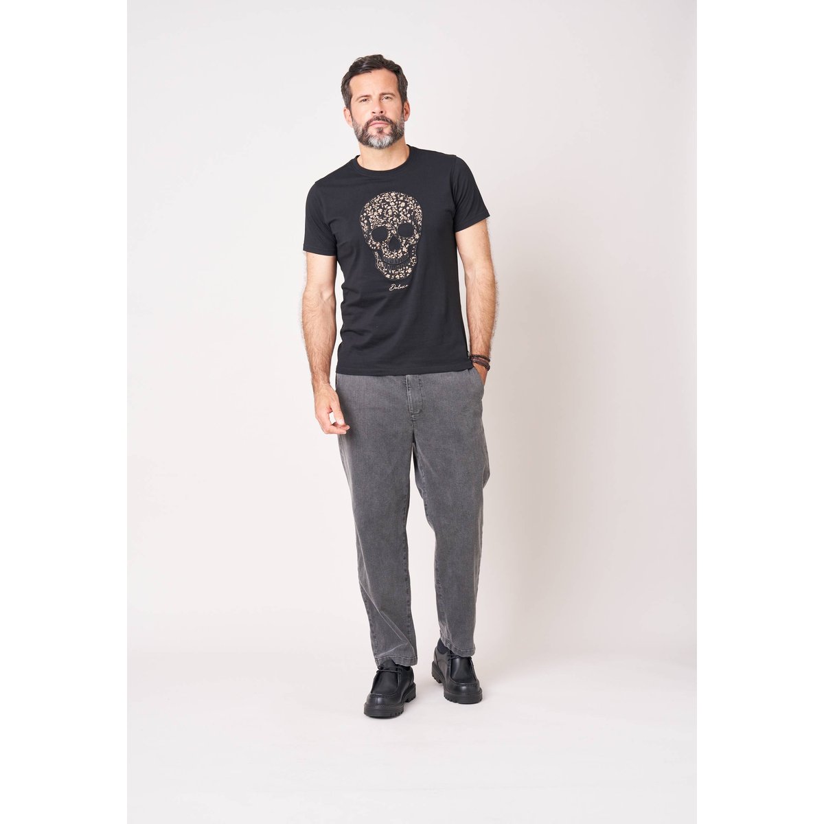T-shirt regular homme en 100% coton jersey imprimé tête de mort à motif floral SHADOW black, DEELUXE