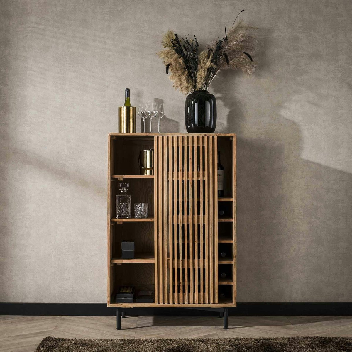 Meuble bar en bois d'acacia motif baguette MELBOURNE bois naturel, PIER IMPORT