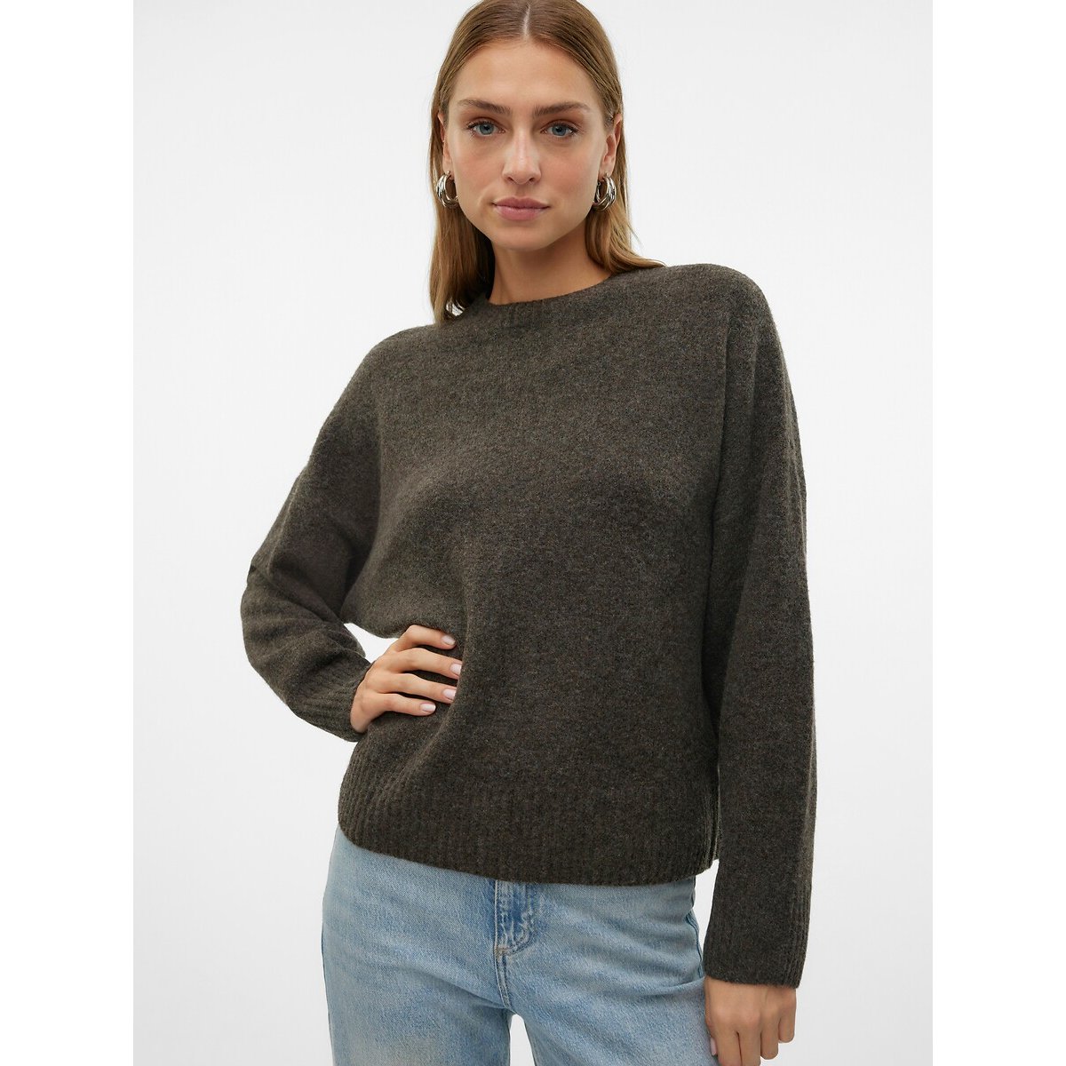 Pull col rond manches longues chocolat, VERO MODA