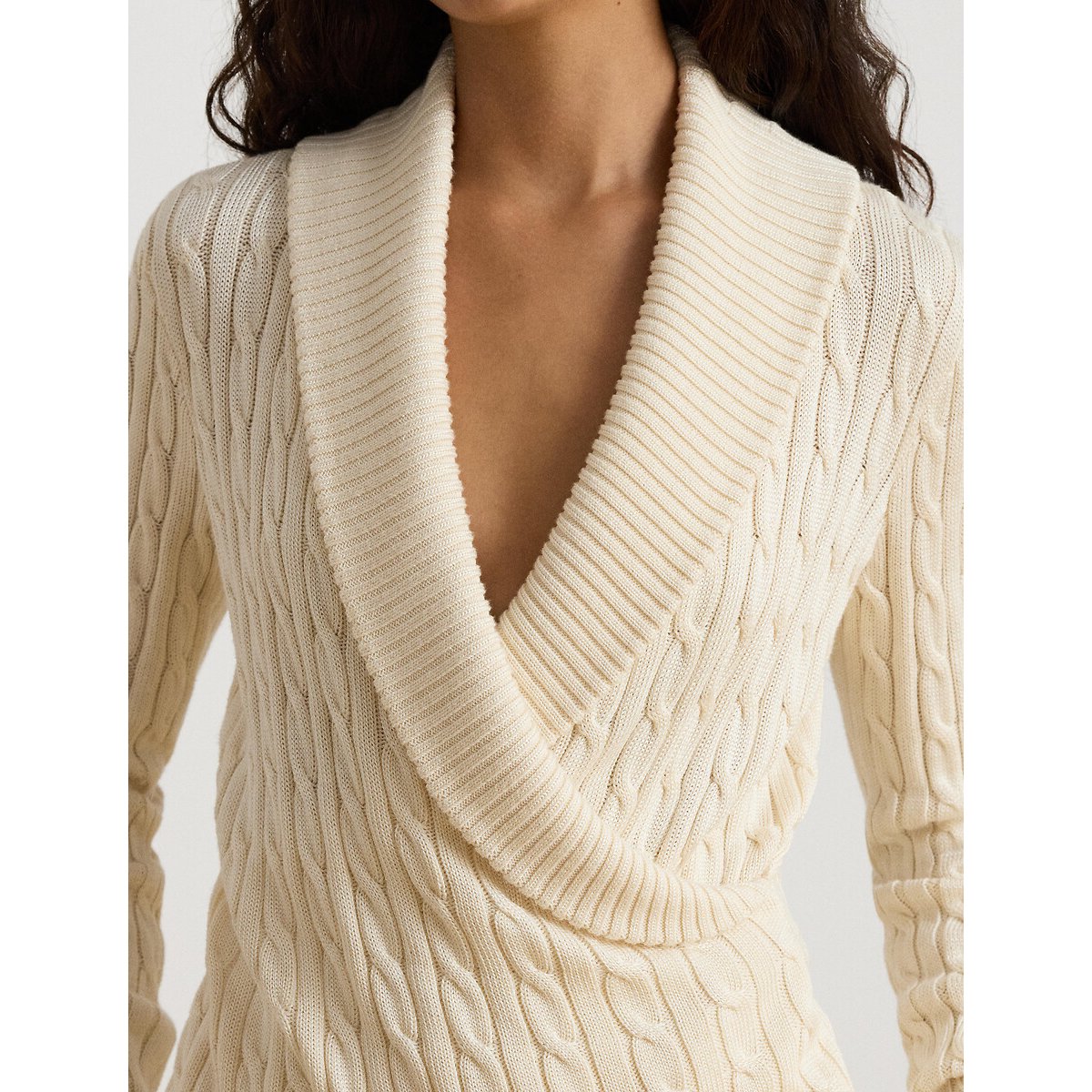 Maglione incrociato con scollo a V, a trecce crema, LAUREN RALPH LAUREN