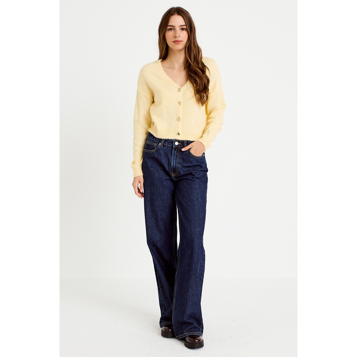Gilet col v manches longues jaune clair, CACHE CACHE