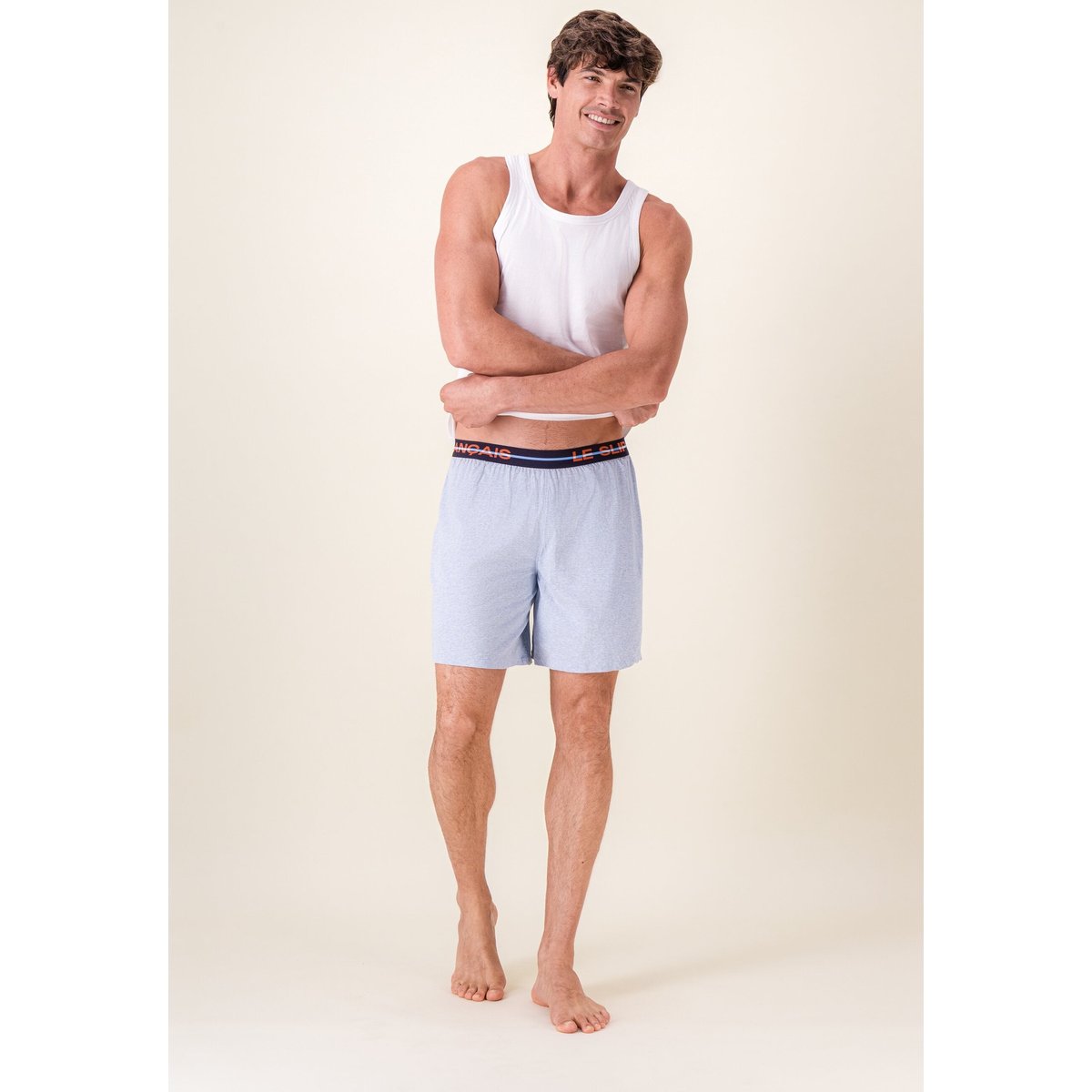Ensemble pyjama débardeur et short en coton Fulminantinvincible blanc bleu ciel chiné, LE SLIP FRANCAIS