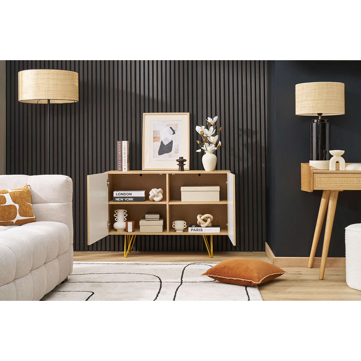 Buffet design gravé 2 portes pieds métal doré L107 cm OZEN chêne clair, MILIBOO
